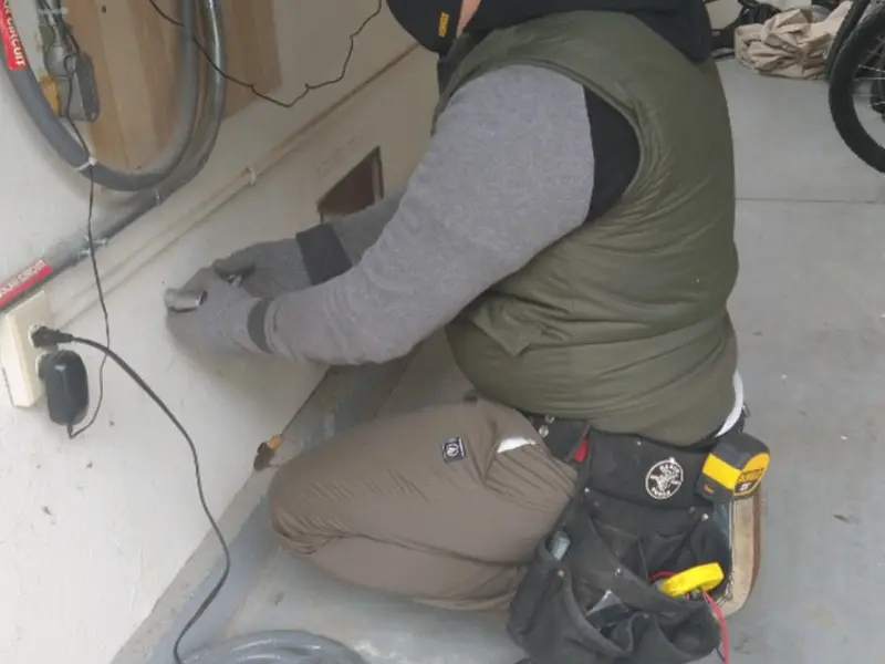 Electrician performing outlet wiring in a Hodgenville garage